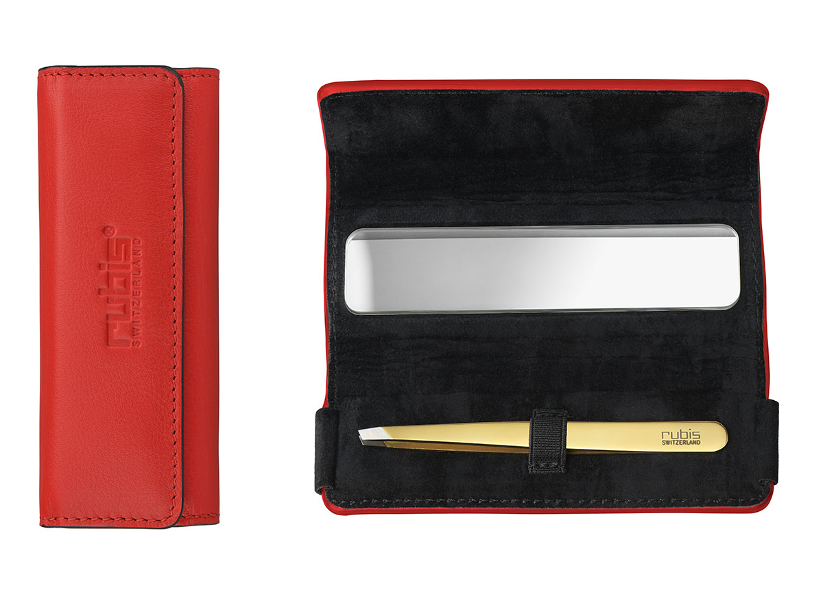 Genuine leather red case w/mirror and tweezers shiny gold | rubis