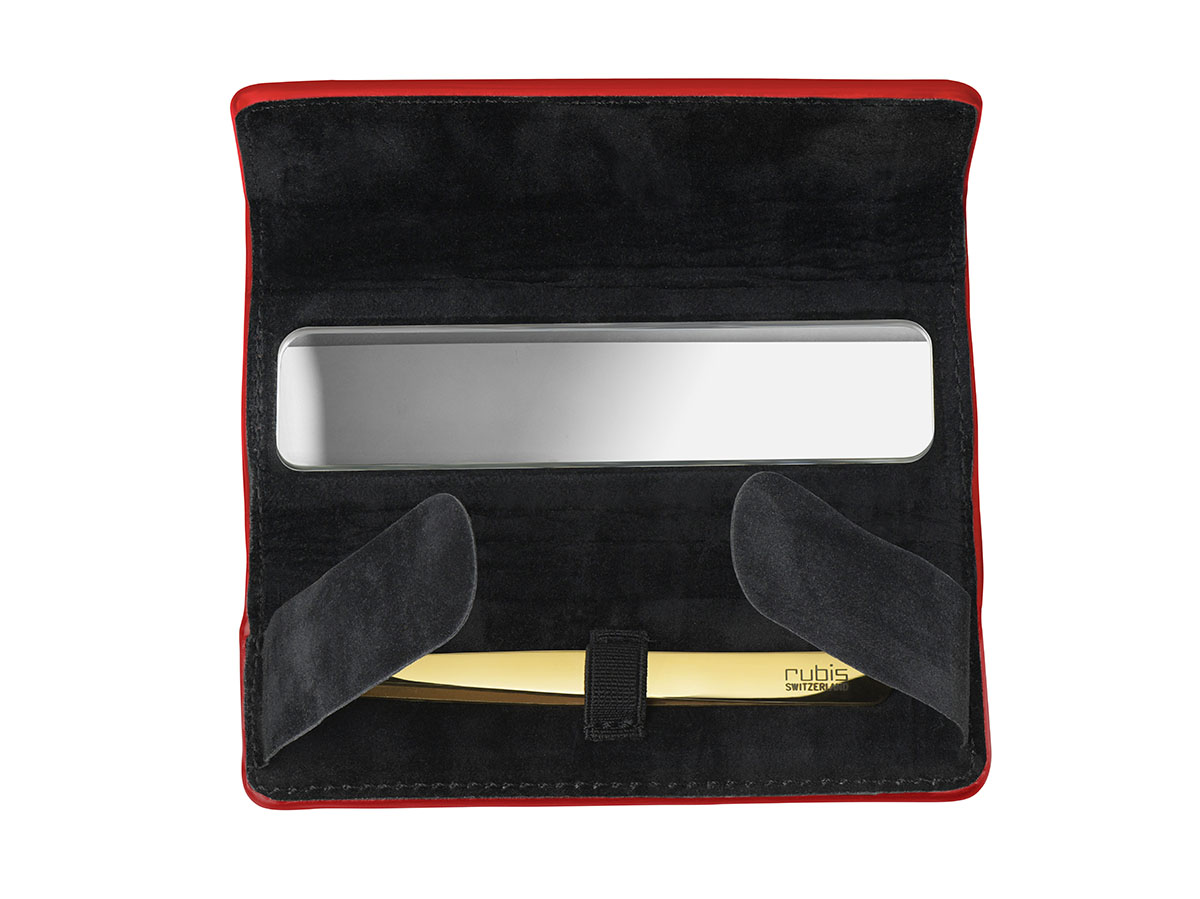 Genuine leather red case w/mirror and tweezers shiny gold | rubis